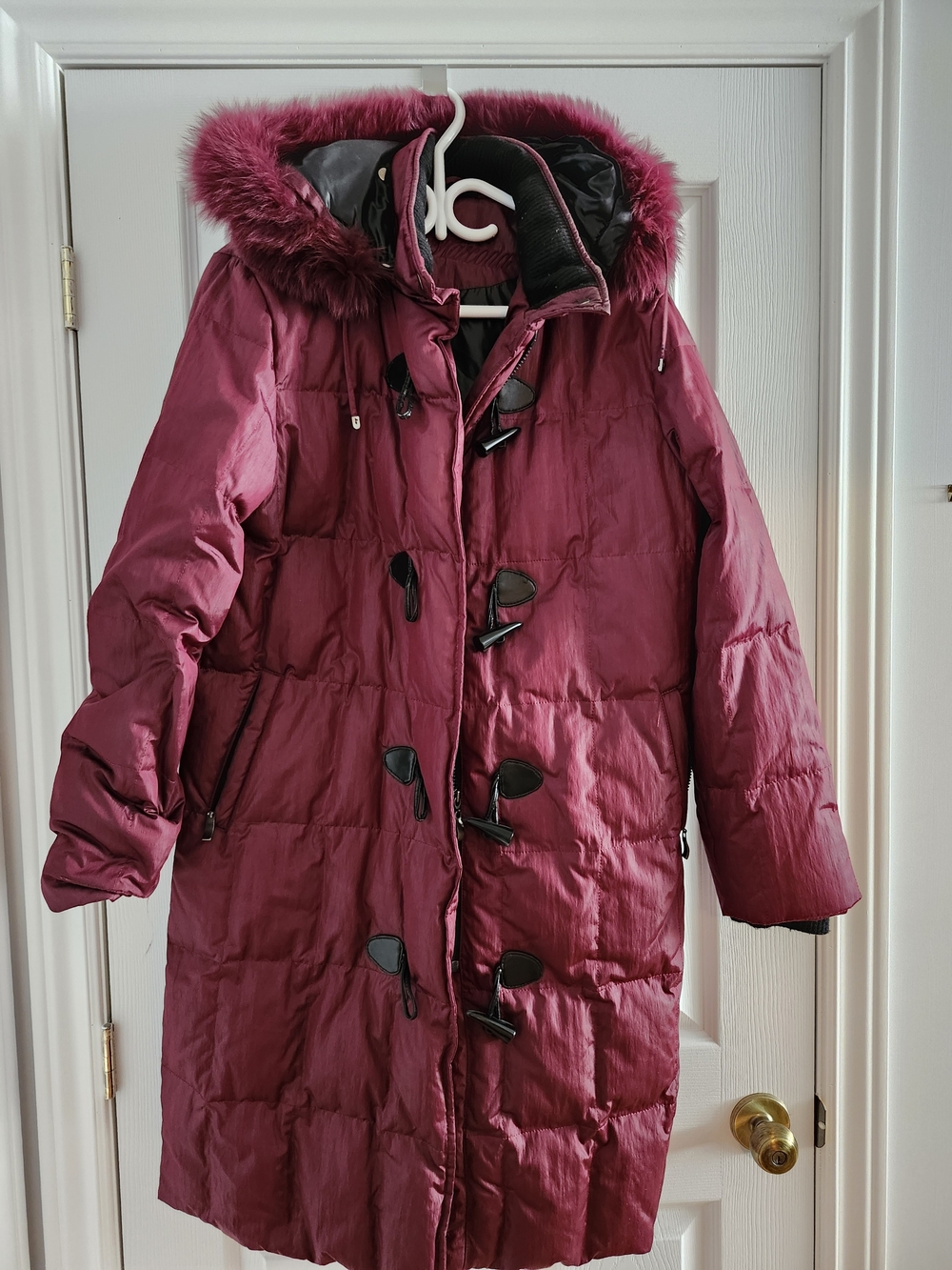 Long Hooded Puffer Coat with Faux Fur Trim - Deep Berry Pink